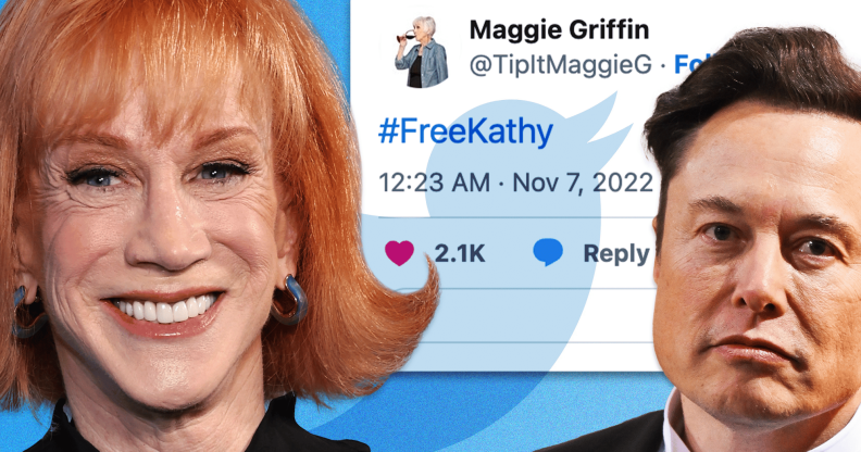 A composite image showing Comedian Kathy Griffin smiling next to Elon Musk superimposed over a Twitter post