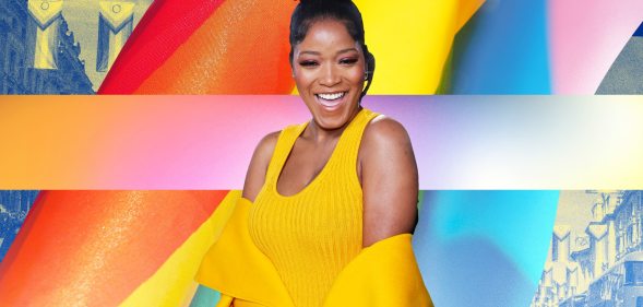 Keke Palmer in front of a rainbow flag