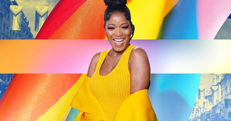 Keke Palmer in front of a rainbow flag