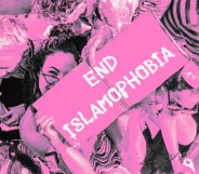 A person in a crowd, holding up a sign reading end Islamophobia