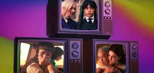 TV screens showing Wednesday, Stranger Things and House of the Dragon