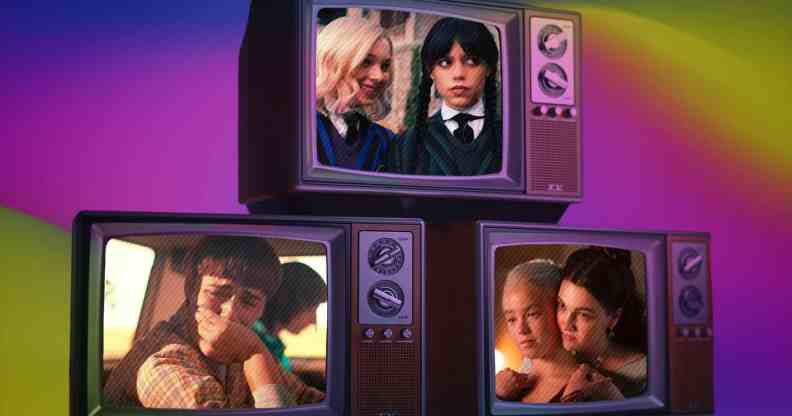 TV screens showing Wednesday, Stranger Things and House of the Dragon