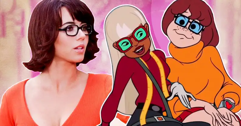 Linda as Velma, and the cartoon version of Velma and her love interest