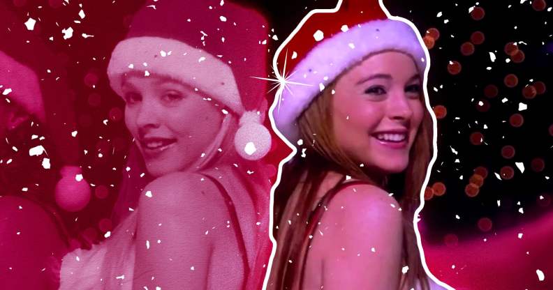 Regina and Cady from Mean Girls in Santa hats