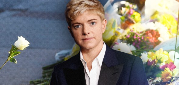 Collage of Mae Martin and floral tributes to the victims of the Club Q shooting