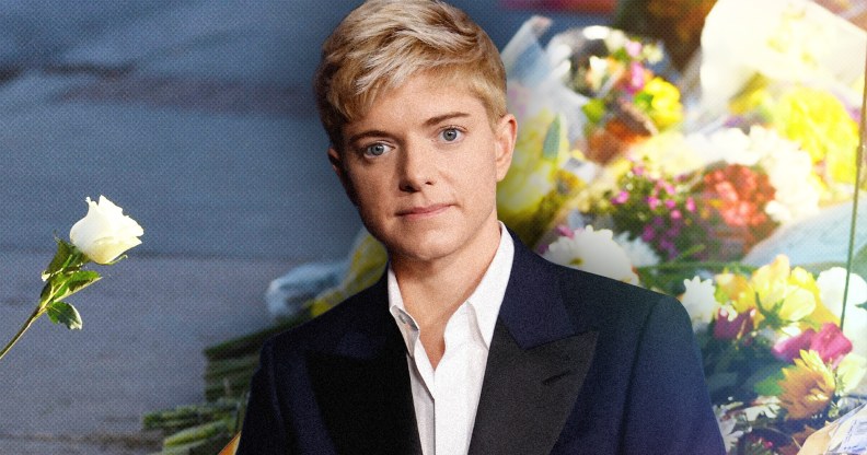 Collage of Mae Martin and floral tributes to the victims of the Club Q shooting