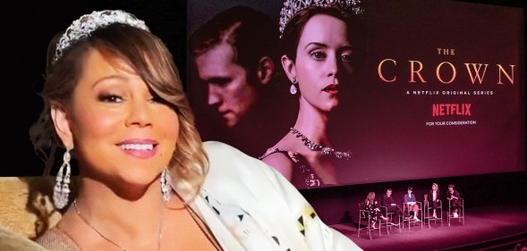 Mariah Carey wearing a tiara. In the background is a screen with a still image of Claire Foy and Matt Smith as the Queen and Prince Philip, with the words The Crown