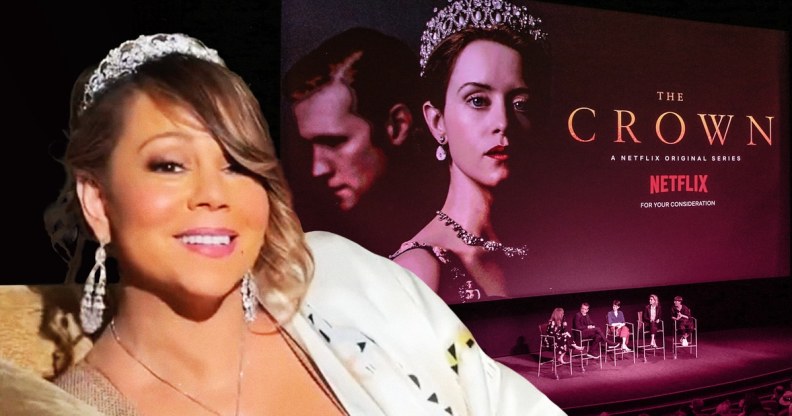 Mariah Carey wearing a tiara. In the background is a screen with a still image of Claire Foy and Matt Smith as the Queen and Prince Philip, with the words The Crown