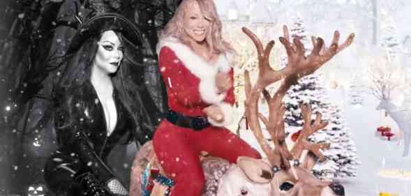 Mariah in a black witches hat and body suit, and in full MRs Claus costume
