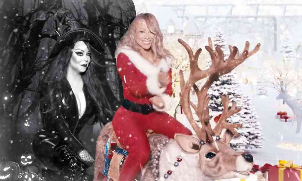 Mariah in a black witches hat and body suit, and in full MRs Claus costume