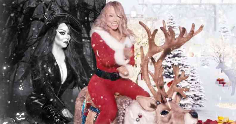 Mariah in a black witches hat and body suit, and in full MRs Claus costume