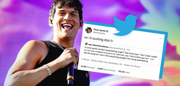 Omar Apollo and a screenshot of his 'i be sucking dick' tweet