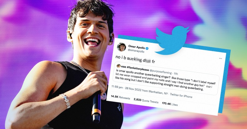 Omar Apollo and a screenshot of his 'i be sucking dick' tweet