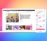 The PinkNews website's homepage and accompanying app against a rainbow backdrop