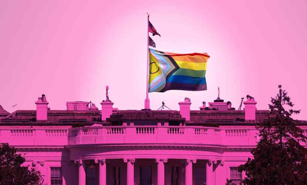 White House with a Progress Pride flag flying