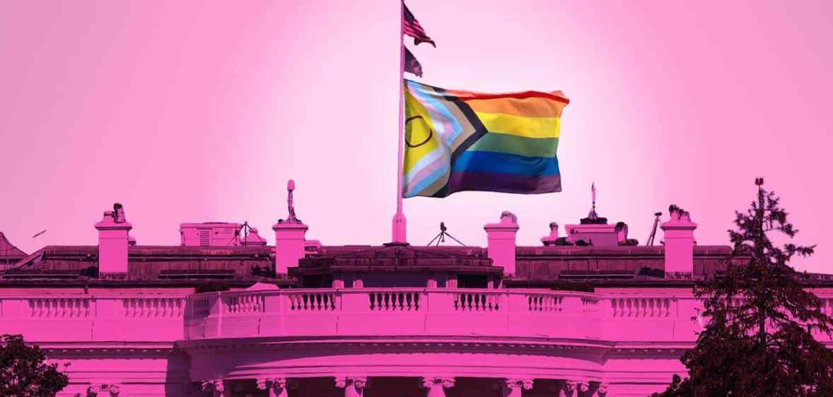 White House with a Progress Pride flag flying