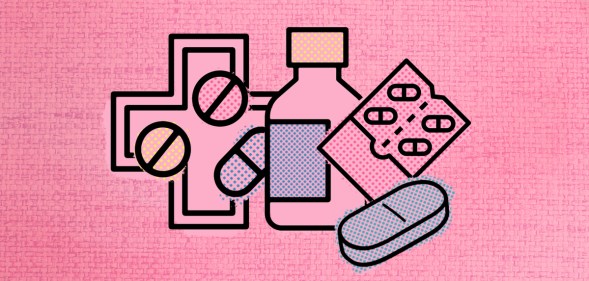 An illustrated image of PrEP pills and a pill bottle against a pink background.