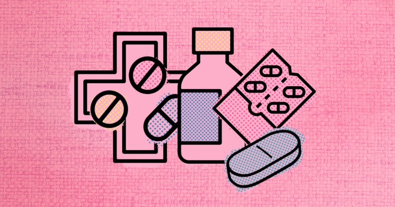 An illustrated image of PrEP pills and a pill bottle against a pink background.