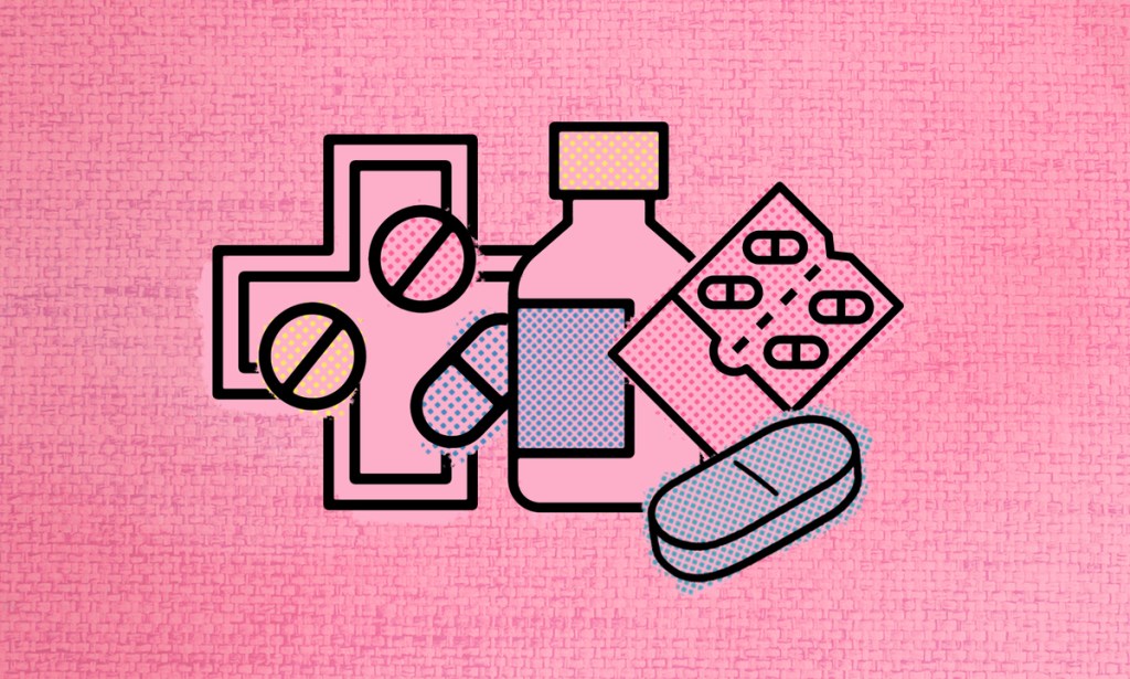 An illustrated image of PrEP pills and a pill bottle against a pink background.