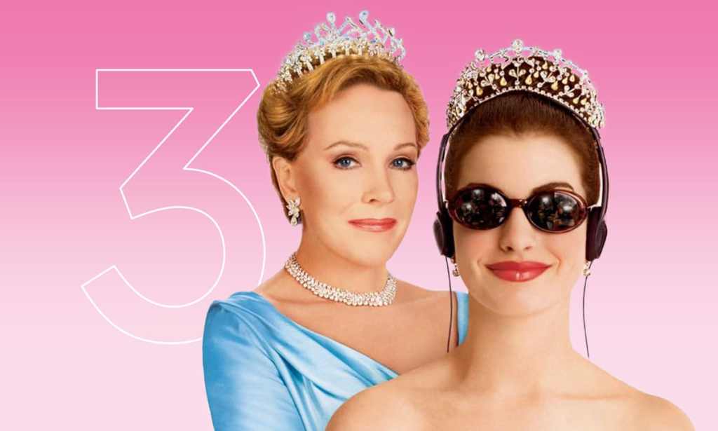 Julie Andrews and Anne Hathaway in tiaras and jewels with a number three in the background