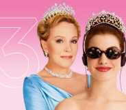 Julie Andrews and Anne Hathaway in tiaras and jewels with a number three in the background