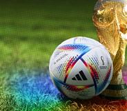 The World Cup trophy and a football with rainbow colours marked over the image in the bottom right-hand corner
