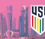 The Qatar skyline, in pink, with the new USA badge featuring rainbow stripes