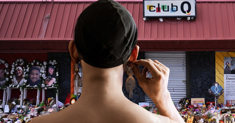 A graphic made up of a photo of Colorado Springs Club Q after the shooting with flowers outside and a figure of a drag artist superimposed with their back to the camera and holding one of their ears - looking like they are staring at the club(Getty)