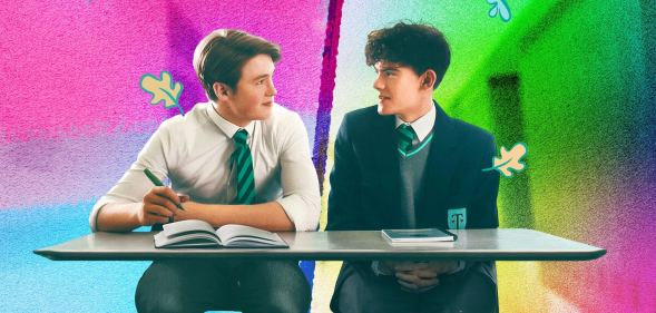 A composite image showing actors Kit Connor and Joe Locke from Netflix's Heartstopper superimposed against rainbow pride colours.