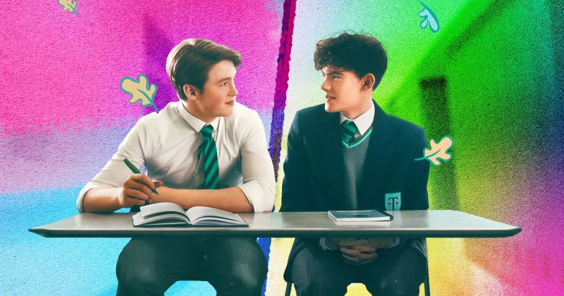 A composite image showing actors Kit Connor and Joe Locke from Netflix's Heartstopper superimposed against rainbow pride colours.