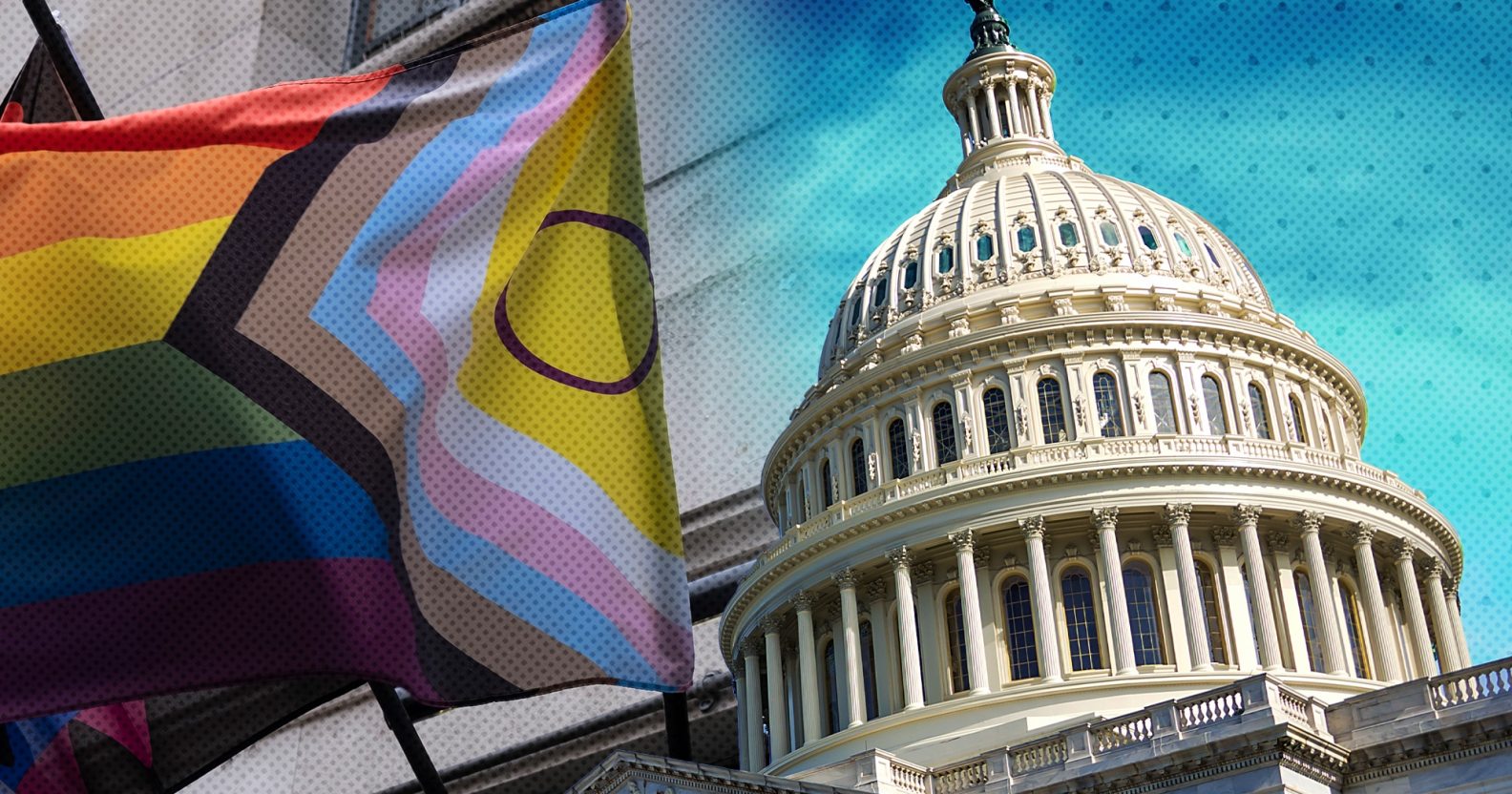 Collage of the US Capitol building with a Progress Pride flag