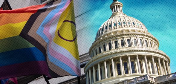 Collage of the US Capitol building with a Progress Pride flag