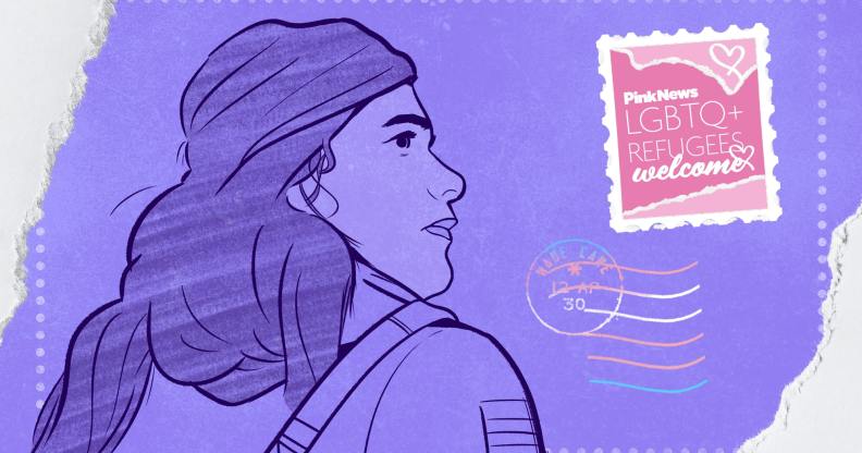 An animated image of a woman against a purple background. A stamp is shown on the top right hand side in a postcard style reading "LGBTQ Refugees Welcome".