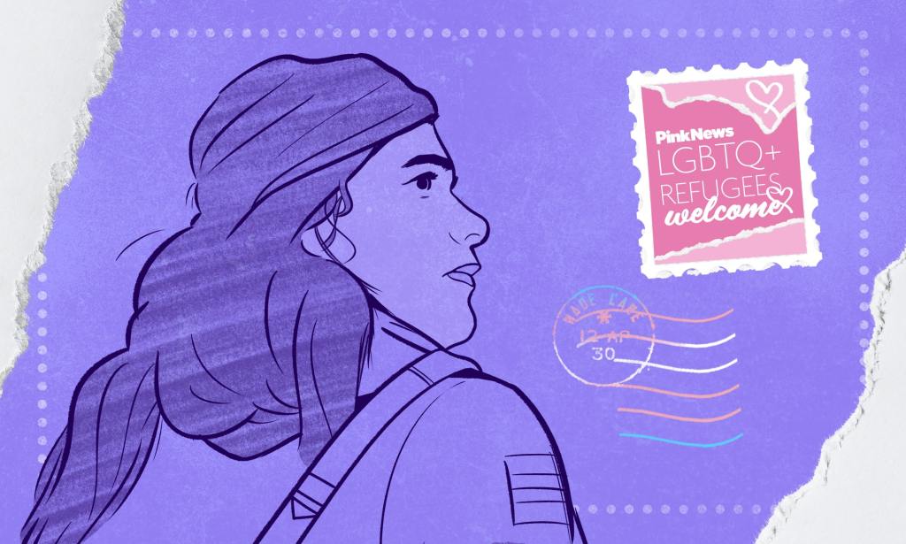 An animated image of a woman against a purple background. A stamp is shown on the top right hand side in a postcard style reading "LGBTQ Refugees Welcome".