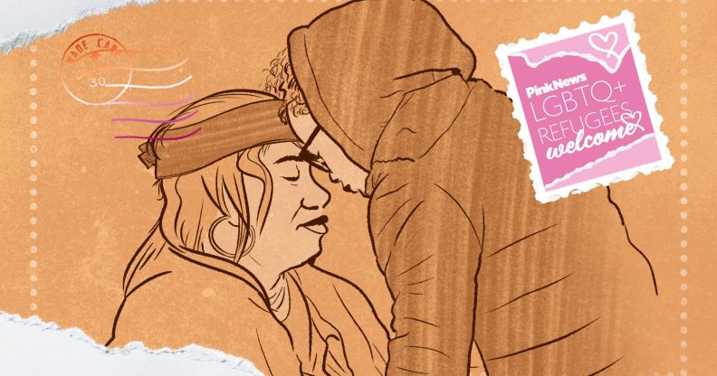 An illustrated image set in orange of two women, one with her head leant against the other. In the top right hand corner is a stamp in a postcard style that reads "LGBTQ Refugees Welcome".
