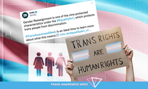 An image of the EHRC post next to a placard advocating for trans rights