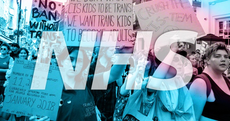 Protestors holding placards in support of trans kids, with the NHS logo and trans flag overlaid
