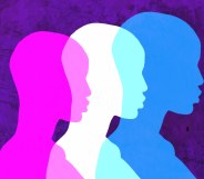 Three silhouettes in the colours of the trans flag