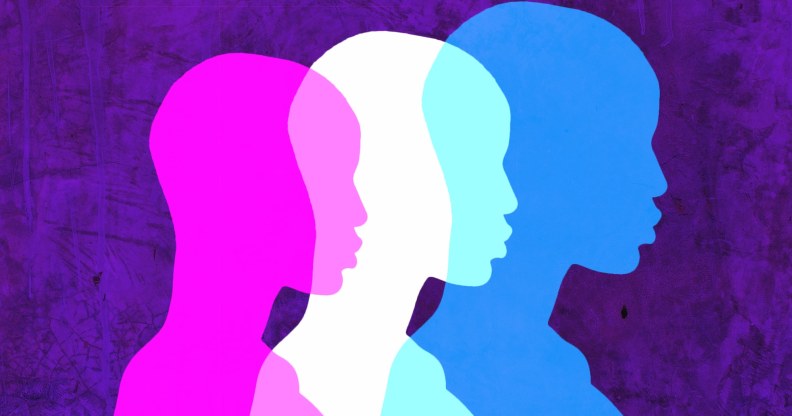 Three silhouettes in the colours of the trans flag