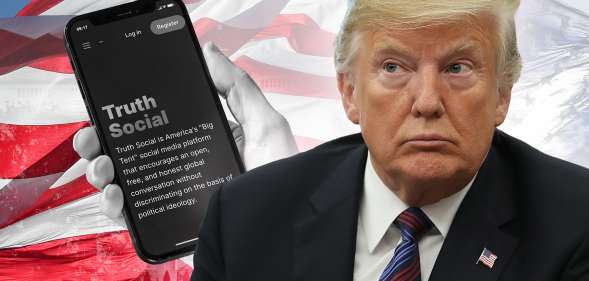 Donald Trump in front of a US flag, with a phone showing his Truth Social site