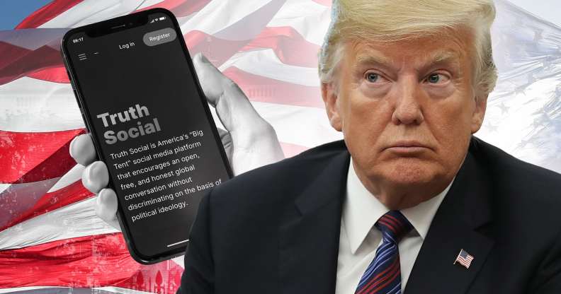 Donald Trump in front of a US flag, with a phone showing his Truth Social site