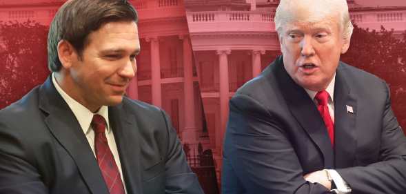 A split-screen graphic of Ron DeSantis and Donald Trump seated against a pink-tinted background of the White House