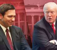 A split-screen graphic of Ron DeSantis and Donald Trump seated against a pink-tinted background of the White House