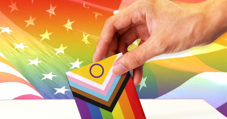A Progress Pride flag being pushed into a ballot box with the US flag in the background