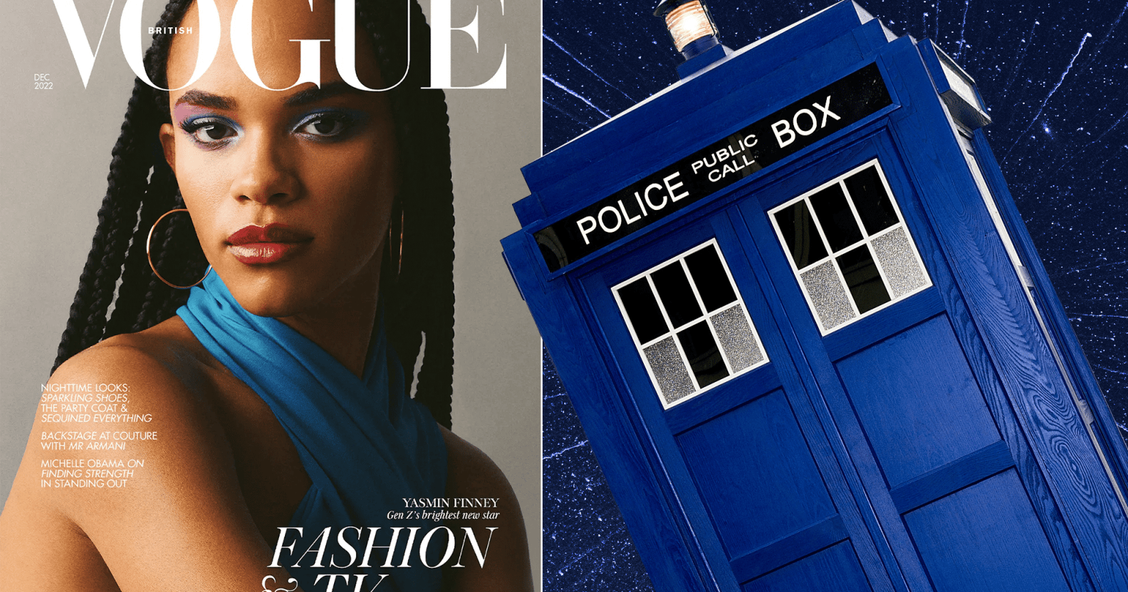 Yasmin Finney on the cover of Vogue Magazine next to an image of the Tardis from Doctor Who.