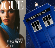 Yasmin Finney on the cover of Vogue Magazine next to an image of the Tardis from Doctor Who.