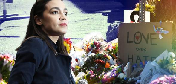 A graphic composed of an image of Alexandria Ocasio-Cortez and a sign left near Club Q, an LGBTQ+ nightclub in Colorado Springs Colorado which was the scene of a deadly mass shooting