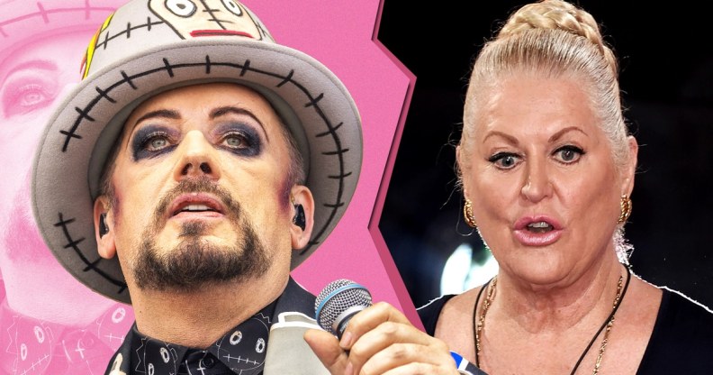 A graphic showing Boy George's face on the left in front of a pink background that's been torn in half with TV personality Kim Woodburn's face on the right in front of a black background