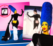 Cardi B in a black dress with a bum cut-out and tall blue Marge Simpson-style hair
