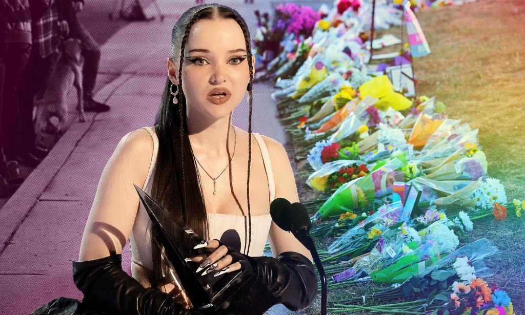 A collage of Dove Cameron in front of floral tributes to the Colorado Springs shooting victims